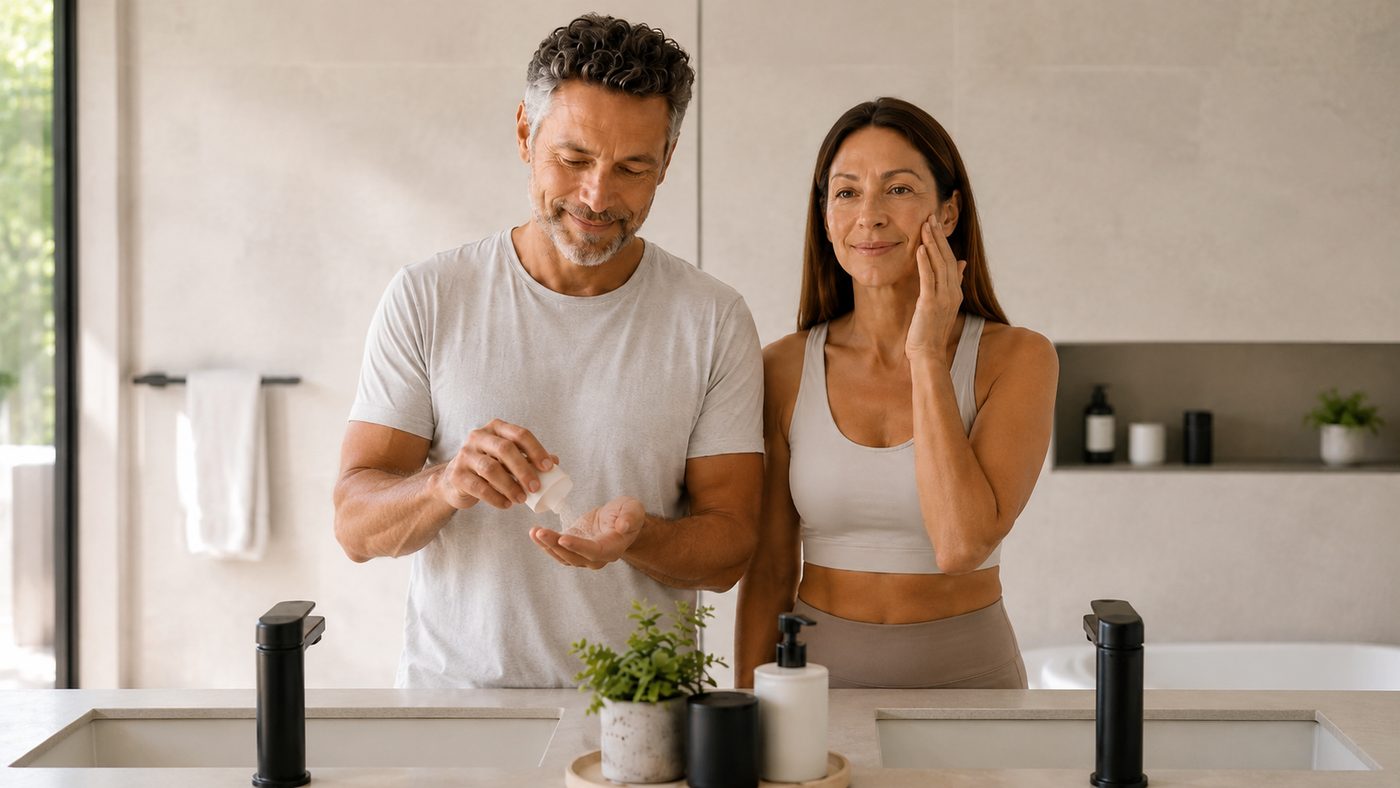 A man and woman at a modern double-sink bathroom counter using facedose powder booster with their morning moisturizer.