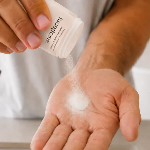 facedose powder being shaken into moisturizer in a palm